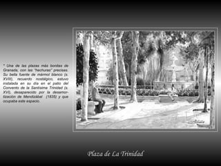 Plaza de La Trinidad * Una de las plazas más bonitas de Granada, con las “hechuras” precisas. Su bella fuente de mármol blanco (s. XVIII), recuerdo nostálgico, estuvo instalada en su día en el patio del Convento de la Santísima Trinidad (s. XVI), desaparecido por la desamor-tización de Mendizábal  (1835) y que ocupaba este espacio. 