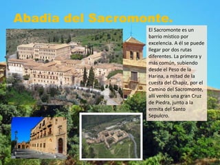 Abadia del Sacromonte.
El Sacromonte es un
barrio místico por
excelencia. A él se puede
llegar por dos rutas
diferentes. La primera y
más común, subiendo
desde el Peso de la
Harina, a mitad de la
cuesta del Chapiz, por el
Camino del Sacromonte,
allí veréis una gran Cruz
de Piedra, junto a la
ermita del Santo
Sepulcro.
 