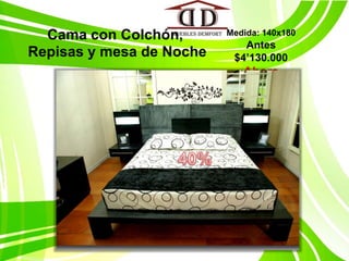 Cama con Colchón, Repisas y mesa de NocheMedida: 140x180Antes $4’130.000Ahora $2’478.00040%