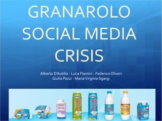 GRANAROLO	
  
SOCIAL	
  MEDIA	
  
CRISIS
Alberto	
  D’Autilia	
  -­‐	
  Luca	
  Flamini	
  -­‐	
  Federico	
  Oliveri	
  	
  
Giulia	
  Pozzi	
  -­‐	
  Maria	
  Virginia	
  Sgargi
 