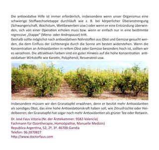 Die antioxidative Hilfe ist immer erforderlich, insbesondere wenn unser Organismus eine
schwierige Stoffwechseletappe durchläuft wie z. B. bei körperlicher Überanstrengung
(Schwangerschaft, Wachstum, Wettbewerben usw.) oder wenn er eine Entzündung überwin-
den, sich von einer Operation erholen muss bzw. wenn er einfach nur in eine bestimmte
regressive „Etappe“ (Meno- oder Andropause) tritt.
Deshalb sollte möglichst nach antioxidativen Nährstoffen aus Obst und Gemüse gesucht wer-
den, die dem Einfluss der Lichtenergie durch die Sonne am besten widerstehen. Wenn die
Konzentration an Antioxidantien in reifem Obst oder Gemüse besonders hoch ist, sollten wir
es verzehren. Die attraktiven Farben sind ein guter Hinweis auf die hohe Konzentration  anti-
oxidativer Wirkstoffe wie Karotin, Polyphenol, Resveratrol usw.
Insbesondere müssen wir den Granatapfel erwähnen, denn er besitzt mehr Antioxidantien
als sonstiges Obst, das eine hohe Antioxidationskraft haben soll, wie Zitrusfrüchte oder Hei-
delbeeren; der Granatapfel hat sogar noch mehr Antioxidantien als grüner Tee oder Rotwein.  
Dr. José Faus Vitoria (Nr. der Ärztekammer: 9582-Valencia)
Fachmann für Ozontherapie, Homoöpathie, Manuelle Medizin)
Republica Argentina, 52, 2º, 3ª. 46700-Gandia
Telefon: 96 2870827
http://www.doctorfaus.com       
 
