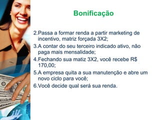 Bonificação Passa a formar renda a partir marketing de incentivo, matriz forçada 3X2; A contar do seu terceiro indicado ativo, não paga mais mensalidade; Fechando sua matiz 3X2, você recebe R$ 170,00; A empresa quita a sua manutenção e abre um novo ciclo para você; Você decide qual será sua renda. 