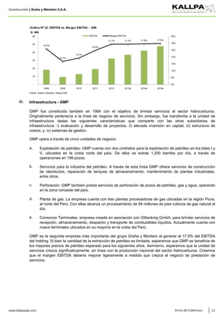 Construcción | Graña y Montero S.A.A.
Fuente: Graña y Montero, Kallpa SAB
www.kallpasab.com 11
GMP fue constituida también en 1984 con el objetivo de brindar servicios al sector hidrocarburos.
Originalmente pertenecía a la línea de negocio de servicios. Sin embargo, fue transferida a la unidad de
infraestructura dadas las siguientes características que comparte con las otras subsidiarias de
infraestructura: i) evaluación y desarrollo de proyectos, ii) elevada inversión en capital, iii) estructura de
costos; y, iv) sistemas de gestión.
Inicio de Cobertura
a.
b.
c.
d.
e.
iii. Infraestructura - GMP
GMP opera a través de cinco unidades de negocio:
Explotación de petróleo: GMP cuenta con dos contratos para la explotación de petróleo en los lotes I y
V, ubicados en la costa norte del país. De ellos se extrae 1,200 barriles por día, a través de
operaciones en 199 pozos.
Servicios para la industria del petróleo: A través de esta línea GMP ofrece servicios de construcción
de oleoductos, reparación de tanques de almacenamiento, mantenimiento de plantas industriales,
entre otros.
Perforación: GMP también presta servicios de perforación de pozos de petróleo, gas y agua, operando
en la zona noroeste del país.
Planta de gas: La empresa cuenta con tres plantas procesadoras de gas ubicadas en la región Piura,
al norte del Perú. Con ellas alcanza un procesamiento de 84 millones de pies cúbicos de gas natural al
día.
Consorcio Terminales: empresa creada en asociación con Oiltanking GmbH, para brindar servicios de
recepción, almacenamiento, despacho y transporte de combustibles líquidos. Actualmente cuenta con
nueve terminales ubicados en su mayoría en la costa del Perú.
GMP es la segunda empresa más importante del grupo Graña y Montero al generar el 17.9% del EBITDA
del holding. Si bien la cantidad de la extracción de petróleo es limitada, esperamos que GMP se beneficie de
los mayores precios de petróleo esperado para los siguientes años. Asimismo, esperamos que la unidad de
servicios crezca significativamente, en línea con la producción nacional del sector hidrocarburos. Creemos
que el margen EBITDA debería mejorar ligeramente a medida que crezca el negocio de prestación de
servicios.
16.3%
12.7%
13.7%
15.9%
17.7% 17.7% 17.8% 17.9%
6%
8%
10%
12%
14%
16%
18%
20%
-
10
20
30
40
50
60
2008 2009 2010 2011 2012 2013e 2014e 2015e
S/. MM
Gráfico Nº 22: EBITDA vs. Margen EBITDA - GMI
EBITDA Margen EBITDA
 