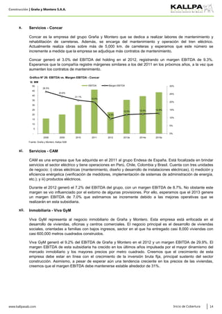 Construcción | Graña y Montero S.A.A.
Fuente: Graña y Montero, Kallpa SAB
www.kallpasab.com 14
Durante el 2012 generó el 7.2% del EBITDA del grupo, con un margen EBITDA de 8.7%. No obstante este
margen se vio influenciado por el extorno de algunas provisiones. Por ello, esperamos que el 2013 genere
un margen EBITDA de 7.0% que estimamos se incremente debido a las mejoras operativas que se
realizarán en esta subsidiaria.
Viva GyM representa al negocio inmobiliario de Graña y Montero. Esta empresa está enfocada en el
desarrollo de viviendas, oficinas y centros comerciales. El negocio principal es el desarrollo de viviendas
sociales, orientadas a familias con bajos ingresos, sector en el que ha entregado casi 8,000 viviendas con
casi 600,000 metros cuadrados construidos.
Concar es la empresa del grupo Graña y Montero que se dedica a realizar labores de mantenimiento y
rehabilitación de carreteras. Además, se encarga del mantenimiento y operación del tren eléctrico.
Actualmente realiza obras sobre más de 5,000 km. de carreteras y esperamos que este número se
incremente a medida que la empresa se adjudique más contratos de mantenimiento.
Concar generó el 3.0% del EBITDA del holding en el 2012, registrando un margen EBITDA de 9.3%.
Esperamos que la compañía registre márgenes similares a los del 2011 en los próximos años, a la vez que
aumenten los contratos de mantenimiento.
CAM es una empresa que fue adquirida en el 2011 al grupo Endesa de España. Está focalizada en brindar
servicios el sector eléctrico y tiene operaciones en Perú, Chile, Colombia y Brasil. Cuenta con tres unidades
de negocio: i) obras eléctricas (mantenimiento, diseño y desarrollo de instalaciones eléctricas), ii) medición y
eficiencia enérgetica (verificación de medidores, implementación de sistemas de administración de energía,
etc.); y iii) productos eléctricos.
Servicios - CAMxi.
xii. Inmobiliaria - Viva GyM
Inicio de Cobertura
x. Servicios - Concar
Viva GyM generó el 9.2% del EBITDA de Graña y Montero en el 2012 y un margen EBITDA de 29.9%. El
margen EBITDA de esta subsidiaria ha crecido en los últimos años impulsada por el mayor dinamismo del
mercado inmobiliario y los mayores precios por metro cuadrado. Creemos que el crecimiento de esta
empresa debe estar en línea con el crecimiento de la inversión bruta fija, principal sustento del sector
construcción. Asimismo, a pesar de esperar aún una tendencia creciente en los precios de las viviendas,
creemos que el margen EBITDA debe mantenerse estable alrededor de 31%.
26.5%
23.6%
21.1%
19.9%
9.3%
12.0% 12.4% 12.9%
0%
5%
10%
15%
20%
25%
30%
-
5
10
15
20
25
30
35
40
45
50
2008 2009 2010 2011 2012 2013e 2014e 2015e
S/. MM
Gráfico Nº 26: EBITDA vs. Margen EBITDA - Concar
EBITDA Margen EBITDA
 