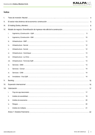 Construcción | Graña y Montero S.A.A.
I. 4
II. 5
III. 8
IV. 9
i.
ii.
iii.
iv.
v.
vi.
vii.
viii.
ix.
x.
xi.
xii.
V. 16
VI. 16
VII. 17
i. Flujo de caja descontado ……………………………………………………………………………………………………………………
ii. Análisis de sensibilidad ………………………………………………………………………………………………………………………
iii.
iv.
v.
22
www.kallpasab.com 3
13
Servicios - GMD ………………………………………………………………………………………………………………………………13
Riesgos ………………………………………………………………………………………………………………………………………..20
Inicio de Cobertura
Análisis de escenarios …………………………………………………………………………………………………………………………
Análisis de múltiplos …………………………………………………………………………………………………………………………21
Inmobiliaria - Viva GyM ………………………………………………………………………………………………………………………
20
Infraestructura - Ferrovías GyM ………………………………………………………………………………………………………………
Valorización ………………………………………………………………………………………………………………………………
Expansión internacional …………………………………………………………………………………………………………………
Modelo de negocio: Diversificación de ingresos más allá de la construcción………………………………………………………
19
17
Infraestructura - Survial ………………………………………………………………………………………………………………………
Infraestructura - Canchaque …………………………………………………………………………………………………………………
Backlog ……………………………………………………………………………………………………………………………………
Tesis de inversión: Neutral …………………………………………...…………………………………………………………………
Ingeniería y Construcción - GyM ……………………………………………………………………………………………………………
Ingeniería y Construcción - GMI ……………………………………………………………………………………………………………
Infraestructura - GMP …………………………………………………………………………………………………………………………
Infraestructura - Norvial ………………………………………………………………………………………………………………………
9
10
14
13
13
12
12
Servicios - Concar ……………………………………………………………………………………………………………………………14
Servicios - CAM ………………………………………………………………………………………………………………………………14
11
Infraestructura - La Chira ……………………………………………………………………………………………………………………
Anexo 1: Estados financieros ……………………………………………………………………………………………………………
El sector más dinámico de la economía: construcción ………………………………...……………………………………………
Índice
El holding Graña y Montero …………..……………………….…………………………………………………………………………
 