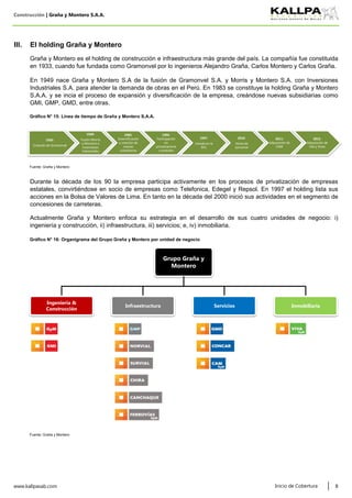 Construcción | Graña y Montero S.A.A.
Gráfico N° 15: Línea de tiempo de Graña y Montero S.A.A.
Fuente: Graña y Montero
Gráfico N° 16: Organigrama del Grupo Graña y Montero por unidad de negocio
Fuente: Graña y Montero
www.kallpasab.com 8
Graña y Montero es el holding de construcción e infraestructura más grande del país. La compañía fue constituida
en 1933, cuando fue fundada como Gramonvel por lo ingenieros Alejandro Graña, Carlos Montero y Carlos Graña.
En 1949 nace Graña y Montero S.A de la fusión de Gramonvel S.A. y Morris y Montero S.A. con Inversiones
Industriales S.A. para atender la demanda de obras en el Perú. En 1983 se constituye la holding Graña y Montero
S.A.A. y se incia el proceso de expansión y diversificación de la empresa, creándose nuevas subsidiarias como
GMI, GMP, GMD, entre otras.
Durante la década de los 90 la empresa participa activamente en los procesos de privatización de empresas
estatales, convirtiéndose en socio de empresas como Telefonica, Edegel y Repsol. En 1997 el holding lista sus
acciones en la Bolsa de Valores de Lima. En tanto en la década del 2000 inició sus actividades en el segmento de
concesiones de carreteras.
Actualmente Graña y Montero enfoca su estrategia en el desarrollo de sus cuatro unidades de negocio: i)
ingeniería y construcción, ii) infraestructura, iii) servicios; e, iv) inmobiliaria.
Inicio de Cobertura
III. El holding Graña y Montero
1933:
Creación de Gramonvel
1949:
Fusión Morris
y Montero e
Inversiones
Industriales
1983:
Diversificación
y creación de
nuevas
subsidiarias
1994:
Participación
en
privatizacione
s estatales
1997:
Listado en la
BVL
2010:
Venta de
Larcomar
2011:
Adquisición de
CAM
2012:
Adquisición de
Vial y Vives
Grupo Graña y
Montero
Ingeniería &
Construcción
Infraestructura Servicios Inmobiliaria
 