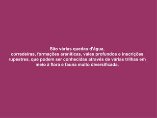 São várias quedas d'água, corredeiras, formações areníticas, vales profundos e inscrições rupestres, que podem ser conhecidas através de várias trilhas em meio à flora e fauna muito diversificada. 