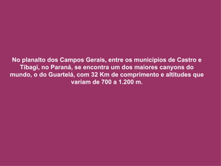 No planalto dos Campos Gerais, entre os municípios de Castro e Tibagi, no Paraná, se encontra um dos maiores canyons do mundo, o do Guartelá, com 32 Km de comprimento e altitudes que variam de 700 a 1.200 m. 