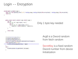 Only 1 byte key needed
Login -- Encryption
Arg6 is a Dword random
from fetch random
SecretKey is a fixed random
Dword number from device
Initialization
 
