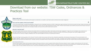 GREEN INFRASTRUCTURE CENTER INC.
Download from our website: TSW Codes, Ordinances &
Practices Tool
 