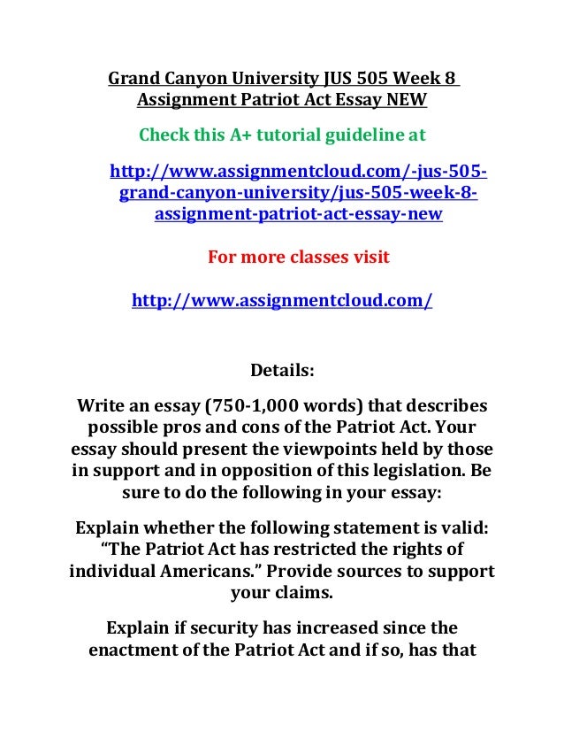 Essay About Science Grand Canyon University Jus Week Assignment Patriot Act Essay New Check This A Tutorial Thesis Statement For Descriptive Essay also Example Essay English Grand Canyon University Jus Week Assignment Patriot Act Essay N Sample Essay Topics For High School