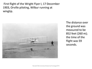First flight of the Wright Flyer I, 17 December
1903, Orville piloting, Wilbur running at
wingtip.


                                                                   The distance over
                                                                   the ground was
                                                                   measured to be
                                                                   852 feet (260 m);
                                                                   the time of the
                                                                   flight was 59
                                                                   seconds.




                        Ronald Wennersten/Industrial Ecology/KTH
 