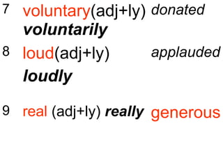 7 voluntary(adj+ly)
voluntarily
donated
8 loud(adj+ly)
loudly
applauded
9 real (adj+ly) really generous
 