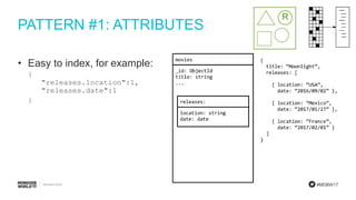 #MDBW17
PATTERN #1: ATTRIBUTES
• Easy to index, for example:
{
"releases.location":1,
"releases.date":1
}
 