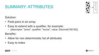 #MDBW17
SUMMARY: ATTRIBUTES
Solution:
• Field pairs in an array
• Easy to extend with a qualifier, for example:
‒ {descriptor: "price", qualifier: "euros", value: Decimal(100.00)}
Benefits:
• Allow for non deterministic list of attributes
• Easy to index
 