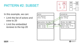 #MDBW17
PATTERN #2: SUBSET
In this example, we can:
• Limit the list of actors and
crew to 20
• Limit the embedded
reviews to the top 20
 