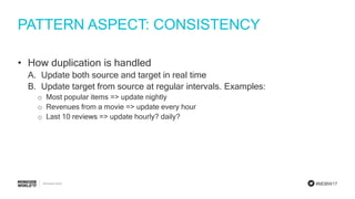 #MDBW17
PATTERN ASPECT: CONSISTENCY
• How duplication is handled
A. Update both source and target in real time
B. Update target from source at regular intervals. Examples:
o Most popular items => update nightly
o Revenues from a movie => update every hour
o Last 10 reviews => update hourly? daily?
 