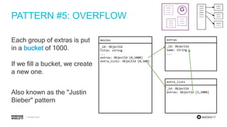 #MDBW17
PATTERN #5: OVERFLOW
Each group of extras is put
in a bucket of 1000.
If we fill a bucket, we create
a new one.
Also known as the "Justin
Bieber" pattern
 