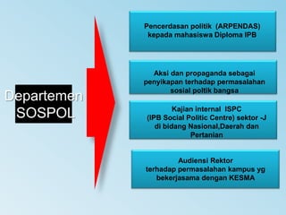 Pencerdasan politik  (ARPENDAS)kepada mahasiswa Diploma IPBAksi dan propaganda sebagai penyikapan terhadap permasalahan sosial poltik bangsaDepartemenSOSPOLKajian internal  ISPC (IPB Social Politic Centre) sektor -J di bidang Nasional,Daerah dan PertanianAudiensi Rektor terhadap permasalahan kampus yg bekerjasama dengan KESMA