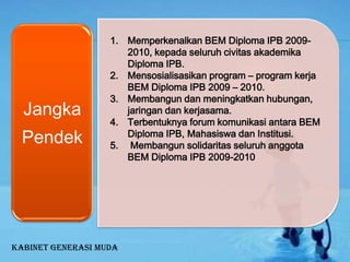 Memperkenalkan BEM Diploma IPB 2009-2010, kepada seluruh civitas akademika Diploma IPB. Mensosialisasikan program – program kerja BEM Diploma IPB 2009 – 2010. Membangun dan meningkatkan hubungan, jaringan dan kerjasama.Terbentuknya forum komunikasi antara BEM Diploma IPB, Mahasiswa dan Institusi. Membangun solidaritas seluruh anggota BEM Diploma IPB 2009-2010Kabinet Generasi Muda