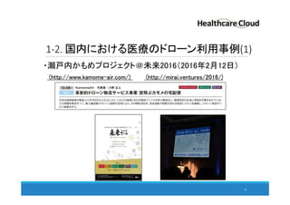 1-2. 国内における医療のドローン利用事例(1)
・瀬戸内かもめプロジェクト＠未来2016（2016年2月12日）
(http://www.kamome-air.com/) (http://mirai.ventures/2016/)
10
© Cloud Security Alliance, 2015. 10
 