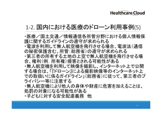 1-2. 国内における医療のドローン利用事例(5)
・医療／国土交通／情報通信各所管分野における個人情報保
護に関するガイドラインの遵守が求められる
・電波を利用して無人航空機を飛行させる場合、電波法（通信
の秘密保護含む、所管：総務省）の遵守が求められる
・第三者の所有する土地の上空で無人航空機を飛行させる場
合、権利（例．所有権）侵害とされる可能性がある
・無人航空機を利用して映像を撮影し、インターネット上で公開
する場合は、「『ドローン』による撮影映像等のインターネット上
での取扱いに係るガイドライン」（総務省）に従って、第三者のプ
ライバシー等に注意する
・無人航空機により他人の身体や財産に危害を加えることは、
処罰の対象になる可能性がある
・子どもに対する安全配慮義務 他
14
 