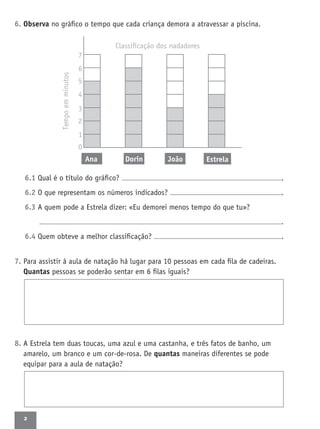 2
6. Observa no gráﬁco o tempo que cada criança demora a atravessar a piscina.
6.1 Qual é o título do gráﬁco? .
6.2 O que representam os números indicados? .
6.3 A quem pode a Estrela dizer: «Eu demorei menos tempo do que tu»?
.
6.4 Quem obteve a melhor classiﬁcação? .
7. Para assistir à aula de natação há lugar para 10 pessoas em cada ﬁla de cadeiras.
Quantas pessoas se poderão sentar em 6 ﬁlas iguais?
8. A Estrela tem duas toucas, uma azul e uma castanha, e três fatos de banho, um
amarelo, um branco e um cor-de-rosa. De quantas maneiras diferentes se pode
equipar para a aula de natação?
Tempoemminutos
Ana
0
1
2
3
4
5
6
7
Dorin João Estrela
 