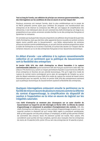 10
Tout au long de l’année, une adhésion de principe aux annonces gouvernementales, mais
des interrogations sur les conditions de mise en œuvre et sur leur impact réel
Plusieurs annonces ont marqué l’année, dont la plus emblématique est le projet de
loi PACTE présenté comme ayant pour ambition de proposer une transformation des
entreprises et de relancer la croissance des PME par une logique de simplification des
démarches. Il est intéressant alors de voir comment les chefs d’entreprise ont réagi à ces
propositions et aux autres annonces censées faciliter la vie des entreprises françaises et
dynamiser la croissance.
On constate que la plupart des mesures emportent une adhésion de principe de la part des
chefs d’entreprise, mais que derrière cette apparente bonne nouvelle se cachent certains
signes moins positifs pour le Gouvernement : une faible mémorisation de certaines
annonces voulues comme emblématiques, un accueil clivé de certaines propositions selon
la taille de l’entreprise ou le secteur d’activité, et surtout des doutes sur l’impact réel de
certaines mesures sur la vie des entreprises françaises et leur dynamisme économique.
En début d’année : une adhésion à la rupture conventionnelle
collective et un sentiment que la politique du Gouvernement
sert la flexibilité des entreprises
En janvier 2018, 62% des chefs d’entreprise se disent favorables à la rupture
conventionnelle collective quand seulement 50% des Français soutiennent cette idée. Par
ailleurs 77% d’entre eux y voient un moyen permettant d’ajuster à court terme les effectifs
d’une entreprise en fonction de son activité économique, 71% qu’il s’agit d’un mode de
rupture du contrat moins contraignant qu’un plan de sauvegarde de l’emploi ou qu’un
plan de départ volontaire et pour 66% d’un mode de rupture du contrat de travail moins
traumatisant pour les salariés. Au final, en janvier 2018, 61% des entrepreneurs estiment
que la politique économique du Gouvernement soutient la flexibilité des entreprises.
Quelques interrogations entourent ensuite la pertinence ou la
facilitédemiseenœuvredeplusieursmesurescommelaréforme
du contrat d’apprentissage, la simplification du dispositif de
soutien à l’exportation ou la mise en œuvre du logiciel sur les
inégalités salariales
• Les chefs d’entreprise se montrent plus circonspects sur un autre chantier du
Gouvernement sur lequel ils ont été interrogés en février 2018 : la réforme du contrat
d’apprentissage et notamment la procédure d’enregistrement des contrats. 26% des
chefs d’entreprise ont déjà eu recours à des contrats d’apprentissage et parmi eux, une
majorité soutient le dispositif tel qu’il existe (86% jugent la procédure satisfaisante,
85% qu’elle apporte une sécurité juridique à l’employeur, et 80% qu’elle permet d’éviter
de commettre des erreurs). Seuls 3% estiment qu’elle est inutile. Pour autant, 41%
considèrent aussi qu’elle est trop complexe, opinion plus marquée chez les entreprises
de moins de 10 salariés (43% contre 31% au sein des entreprises de 10 salariés et plus).
 