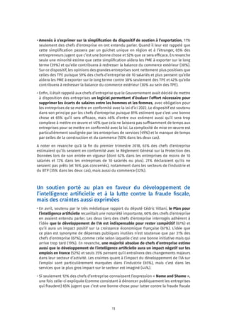 11
• Amenés à s’exprimer sur la simplification du dispositif de soutien à l’exportation, 17%
seulement des chefs d’entreprise en ont entendu parler. Quand il leur est rappelé que
cette simplification passera par un guichet unique en région et à l’étranger, 65% des
entrepreneurs jugent que c’est une bonne chose et 52% que ce sera efficace. En revanche
seule une minorité estime que cette simplification aidera les PME à exporter sur le long
terme (39%) et qu’elle contribuera à redresser la balance du commerce extérieur (30%).
Sur ce dispositif, les opinions des grandes entreprises sont nettement plus positives que
celles des TPE puisque 59% des chefs d’entreprise de 10 salariés et plus pensent qu’elle
aidera les PME à exporter sur le long terme contre 38% seulement des TPE et 42% qu’elle
contribuera à redresser la balance du commerce extérieur (30% au sein des TPE).
• Enfin, il était rappelé aux chefs d’entreprise que le Gouvernement avait décidé de mettre
à disposition des entreprises un logiciel permettant d’évaluer l’effort nécessaire pour
supprimer les écarts de salaires entre les hommes et les femmes, avec obligation pour
les entreprises de se mettre en conformité avec la loi d’ici 2022. Le dispositif est soutenu
dans son principe par les chefs d’entreprise puisque 81% estiment que c’est une bonne
chose et 65% qu’il sera efficace, mais 46% d’entre eux estiment aussi qu’il sera trop
complexe à mettre en œuvre et 40% que cela ne laissera pas suffisamment de temps aux
entreprises pour se mettre en conformité avec la loi. La complexité de mise en œuvre est
particulièrement soulignée par les entreprises de services (49%) et le manque de temps
par celles de la construction et du commerce (50% dans les deux cas).
A noter en revanche qu’à la fin du premier trimestre 2018, 63% des chefs d’entreprise
estimaient qu’ils seraient en conformité avec le Règlement Général sur la Protection des
Données lors de son entrée en vigueur (dont 62% dans les entreprises de moins de 10
salariés et 72% dans les entreprises de 10 salariés ou plus). 21% déclaraient qu’ils ne
seraient pas prêts (et 16% pas concernés), notamment dans les secteurs de l’industrie et
du BTP (35% dans les deux cas), mais aussi du commerce (32%).
Un soutien porté au plan en faveur du développement de
l’intelligence artificielle et à la lutte contre la fraude fiscale,
mais des craintes aussi exprimées
• En avril, soutenu par le très médiatique rapport du député Cédric Villani, le Plan pour
l’intelligence artificielle recueillait une notoriété importante, 60% des chefs d’entreprise
en avaient entendu parler. Les deux tiers des chefs d’entreprise interrogés adhèrent à
l’idée que le développement de l’IA est indispensable pour rester compétitif (67%) et
qu’il aura un impact positif sur la croissance économique française (67%). L’idée que
ce plan est synonyme de dépenses publiques inutiles n’est soutenue que par 31% des
chefs d’entreprise (67%), comme celle selon laquelle c’est une bonne initiative mais qui
arrive trop tard (19%). En revanche, une majorité absolue de chefs d’entreprise estime
aussi que le développement de l’intelligence artificielle aura un impact négatif sur les
emplois en France (52%) et seuls 35% pensent qu’il entraînera des changements majeurs
dans leur secteur d’activité. Les craintes quant à l’impact du développement de l’IA sur
l’emploi sont particulièrement marquées dans l’industrie (65%), mais c’est dans les
services que le plus gros impact sur le secteur est imaginé (44%).
• Si seulement 12% des chefs d’entreprise connaissent l’expression « Name and Shame »,
une fois celle-ci expliquée (comme consistant à dénoncer publiquement les entreprises
qui fraudent) 65% jugent que c’est une bonne chose pour lutter contre la fraude fiscale
 