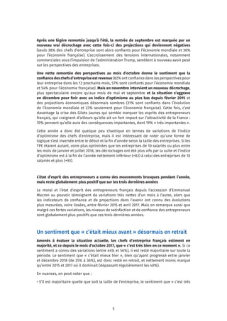 5
Après une légère remontée jusqu’à l’été, la rentrée de septembre est marquée par un
nouveau vrai décrochage avec cette fois-ci des projections qui deviennent négatives
(seuls 38% des chefs d’entreprise sont alors confiants pour l’économie mondiale et 36%
pour l’économie française). L’accroissement des tensions internationales, notamment
commerciales sous l’impulsion de l’administration Trump, semblent à nouveau avoir pesé
sur les perspectives des entreprises.
Une nette remontée des perspectives au mois d’octobre donne le sentiment que la
confiancedeschefsd’entrepriseestrevenue(82%ontconfiancedanslesperspectivespour
leur entreprise dans les 12 prochains mois, 57% sont confiants pour l’économie mondiale
et 54% pour l’économie française). Mais en novembre intervient un nouveau décrochage,
plus spectaculaire encore qu’aux mois de mai et septembre et la situation s’aggrave
en décembre pour finir avec un indice d’optimisme au plus bas depuis février 2015 et
des projections économiques désormais sombres (31% sont confiants dans l’évolution
de l’économie mondiale et 23% seulement pour l’économie française). Cette fois, c’est
davantage la crise des Gilets Jaunes qui semble marquer les esprits des entrepreneurs
français, qui craignent d’ailleurs qu’elle ait un fort impact sur l’attractivité de la France :
70% pensent qu’elle aura des conséquences importantes, dont 19% « très importantes ».
Cette année a donc été quelque peu chaotique en termes de variations de l’indice
d’optimisme des chefs d’entreprise, mais il est intéressant de noter qu’une forme de
logique s’est inversée entre le début et la fin d’année selon la taille des entreprises. Si les
TPE étaient autant, voire plus optimistes que les entreprises de 10 salariés ou plus entre
les mois de janvier et juillet 2018, les décrochages ont été plus vifs par la suite et l’indice
d’optimisme est à la fin de l’année nettement inférieur (+83) à celui des entreprises de 10
salariés et plus (+93).
L’état d’esprit des entrepreneurs a connu des mouvements brusques pendant l’année,
mais reste globalement plus positif que sur les trois dernières années
Le moral et l’état d’esprit des entrepreneurs français depuis l’accession d’Emmanuel
Macron au pouvoir témoignent de variations très nettes d’un mois à l’autre, alors que
les indicateurs de confiance et de projections dans l’avenir ont connu des évolutions
plus mesurées, voire lissées, entre février 2015 et avril 2017. Mais on remarque aussi que
malgré ces fortes variations, les niveaux de satisfaction et de confiance des entrepreneurs
sont globalement plus positifs que ces trois dernières années.
Un sentiment que « c’était mieux avant » désormais en retrait
Amenés à évaluer la situation actuelle, les chefs d’entreprise français estiment en
majorité, et ce depuis le mois d’octobre 2017, que « c’est très bien en ce moment ». Si ce
sentiment a connu des variations (entre 44% et 56%), il est resté majoritaire sur toute la
période. Le sentiment que « c’était mieux hier », bien qu’ayant progressé entre janvier
et décembre 2018 (de 25% à 36%), est donc resté en retrait, et nettement moins marqué
qu’entre 2015 et 2017 où il dominait (dépassant régulièrement les 40%).
En nuances, on peut noter que :
• S’il est majoritaire quelle que soit la taille de l’entreprise, le sentiment que « c’est très
 