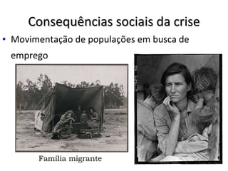 Consequências sociais da crise Movimentação de populações em busca de emprego Família migrante 