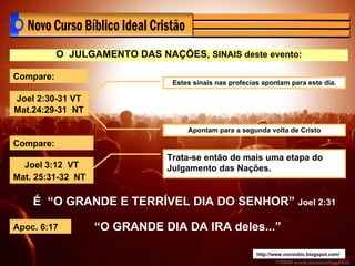 http://www.novocbic.blogspot.com/ O  JULGAMENTO DAS NAÇÕES,  SINAIS deste evento: Joel 2:30-31 VT Mat.24:29-31  NT Compare: Estes sinais nas profecias apontam para este dia. Apontam para a segunda volta de Cristo Joel 3:12  VT Mat. 25:31-32  NT Compare: Trata-se então de mais uma etapa do Julgamento das Nações. É  “O GRANDE E TERRÍVEL DIA DO SENHOR”  Joel 2:31 “ O GRANDE DIA DA IRA deles...” Apoc. 6:17 