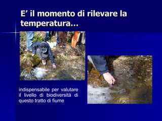 E’ il momento di rilevare la temperatura… indispensabile per valutare il livello di biodiversità di questo tratto di fiume  