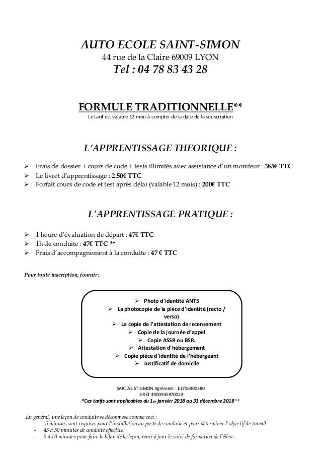 Tarifs Formule Traditionnelle 2018