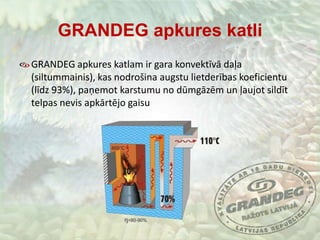 GRANDEG apkures katliGRANDEG apkures katlam ir gara konvektīvā daļa (siltummainis), kas nodrošina augstu lietderības koeficientu (līdz 93%), paņemot karstumu no dūmgāzēm un ļaujot sildīt telpas nevis apkārtējo gaisu
