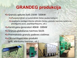 GRANDEG produkcijaGranulu apkures katli 25kW- 500kW:Pusautomātiski un automātiski (lielas jaudas katliem)Iespējams pielāgot klienta vēlmēm (krāsa, granulu tvertnes izmērs un pieslēguma puse, papildaprīkojums, utt.)Karstā gaisa ģeneratori 40kW- 100kWGranulu glabāšanas tvertnes SILOSPneimatiskās granulu padeves sistēmasCiti metālapstrādes produkti (grili, atkritumu tvertnes, utt.)