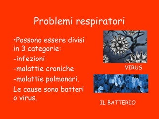 Problemi respiratori
•Possono essere divisi
in 3 categorie:
-infezioni
-malattie croniche
-malattie polmonari.
Le cause sono batteri
o virus.
I
i
VIRUS
IL BATTERIO
 