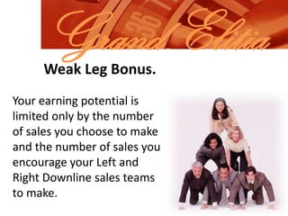Grand ElitiaWeak Leg Bonus.Your earning potential is limited only by the number of sales you choose to make and the number of sales you encourage your Left and Right Downline sales teams to make.