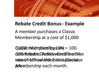 Grand ElitiaRebate Credit Bonus- ExampleA member purchases a Classic Membership at a cost of $1,000Classic Memberships are converted to Rebate Credits at the rate of 10% of the initial purchase price.1,000 multiplied by 10% = 100.  100 Rebate Credits would be the maximum awarded on a Classic Membership each month.