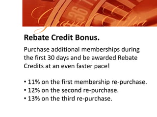 Grand ElitiaRebate Credit Bonus.Purchase additional memberships during the first 30 days and be awarded Rebate Credits at an even faster pace! 11% on the first membership re-purchase.