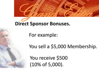 Grand ElitiaDirect Sponsor Bonuses.For example:You sell a $5,000 Membership.You receive $500(10% of 5,000).