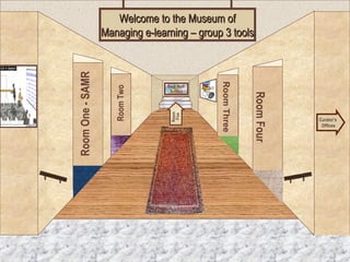 Museum Entrance
RoomOne-SAMR
RoomTwo
RoomFour
RoomThree
Welcome to the Museum ofWelcome to the Museum of
Managing e-learning – group 3 toolsManaging e-learning – group 3 tools
Curator’s
Offices
Room
Five
Artifact
23
Back Wall
Artifact
 