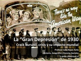 La “Gran Depresión” de 1930
Crack bursátil, crisis y su impacto mundial
Profesor Julio Reyes Ávila
Historia, Geografía y Ciencias Sociales
> www.cliovirtual.cl
 