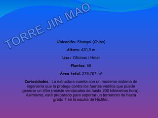 Ubicación : Shangai (China) Altura :  420,5 m Uso:  Oficinas / Hotel Plantas :  88 Área total :  278,707 m² Curiosidades:  La estructura cuenta con un moderno sistema de ingeniería que la protege contra los fuertes vientos que puede generar un tifón (resiste vendavales de hasta 200 kilómetros hora). Asimismo, está preparado para soportar un terremoto de hasta grado 7 en la escala de Richter. 