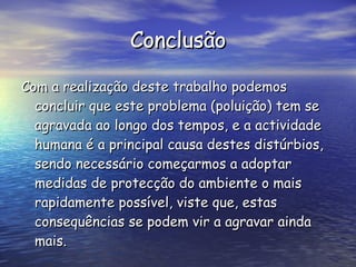 Conclusão Com a realização deste trabalho podemos concluir que este problema (poluição) tem se agravada ao longo dos tempos, e a actividade humana é a principal causa destes distúrbios, sendo necessário começarmos a adoptar medidas de protecção do ambiente o mais rapidamente possível, viste que, estas consequências se podem vir a agravar ainda mais.  