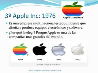 3º Apple Inc: 1976
 Es una empresa multinacional estadounidense que
diseña y produce equipos electrónicos y software.
 ¿Por qué lo elegí? Porque Apple es una de las
compañías más grandes del mundo.
Daniel Andrès Vidal Villanueva 1ero K 02/12/16
 