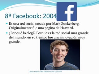 8º Facebook: 2004
 Es una red social creada por Mark Zuckerberg.
Originalmente fue una pagina de Harvard.
 ¿Por qué lo elegí? Porque es la red social más grande
del mundo, en su tiempo fue una innovación muy
grande.
Daniel Andrès Vidal Villanueva 1ero K 02/12/16
 