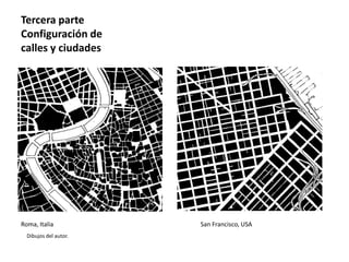 Dibujos del autor.
Roma, Italia San Francisco, USA
Tercera parte
Configuración de
calles y ciudades
 