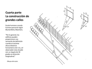 Cuarta parte
La construcción de
grandes calles
Dibujos del autor.
Escala humana y escala
humana personal según
Blumenfeld y Maertens.
“Por lo general, los
edificios pueden
proporcionar una
sensación de definición
cuando el cociente
altura-distancia
horizontal es de 1:4, y el
observador esta situado
con un ángulo de 30
grados en dirección
longitudinal.”
 