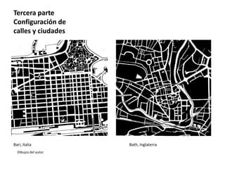 Dibujos del autor.
Bari, Italia Bath, Inglaterra
Tercera parte
Configuración de
calles y ciudades
 